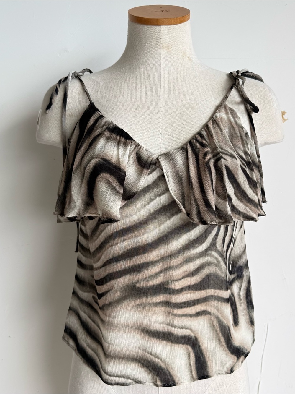 Zara Blouse crop XS Black Zebra print sleeveless Ruffle sheer 100% Viscose